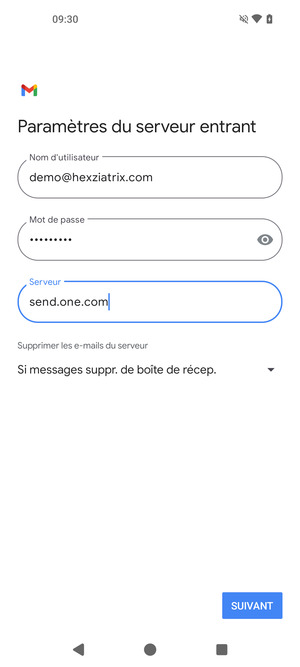 Saisissez votre Nom d'utilisateur et l'adresse du serveur entrant. Sélectionnez SUIVANT