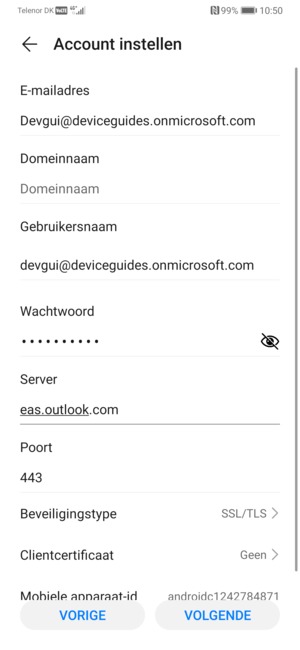 Voer Exchange-serveradres in en selecteer VOLGENDE
