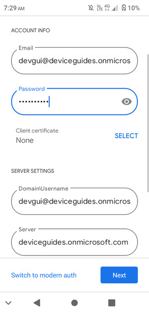 Enter Username and Exchange server address. Select Next