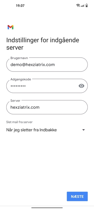 Indtast Brugernavn og indgående serveradresse. Vælg NÆSTE