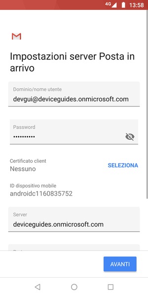 Inserisci Nome utente e l'indirizzo del server Exchange. Seleziona AVANTI