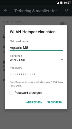 Geben Sie eine WLAN-Hotspot-Passwort mit mindestens 8 Zeichen ein und wählen Sie SPEICHERN