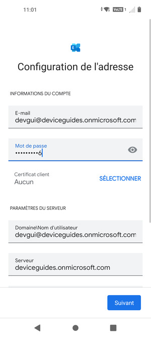 Saisissez votre Nom d'utilisateur et l'adresse du serveur Exchange. Sélectionnez Suivant