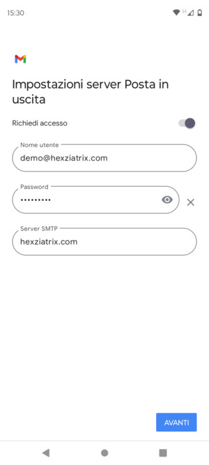 Inserisci l'indirizzo del server di posta in uscita e seleziona AVANTI