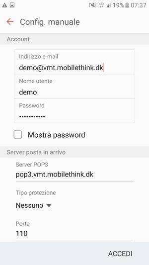Inserisci Nome utente e l'indirizzo del server di posta in arrivo