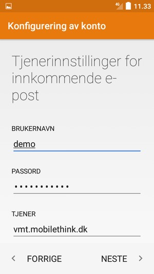 Skriv inn Brukernavn og innkommende serveradresse