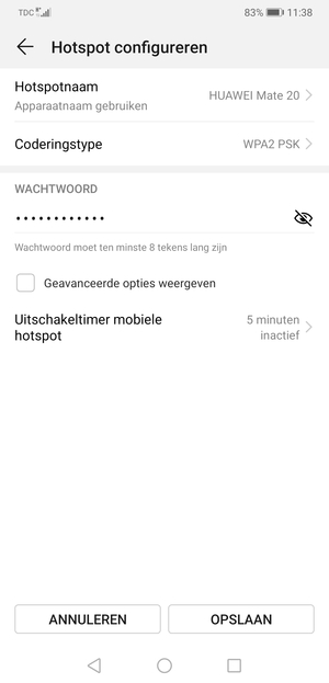 Voer een wachtwoord van een WiFi-hotspot in van ten minste 8 tekens en selecteer OPSLAAN