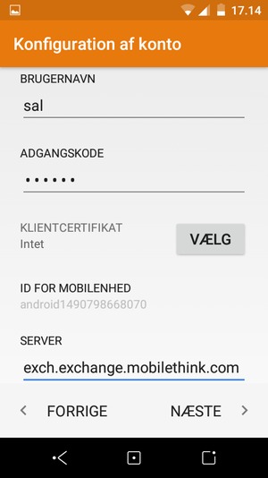 Indtast BRUGERNAVN og Exchange serveraddresse. Vælg NÆSTE