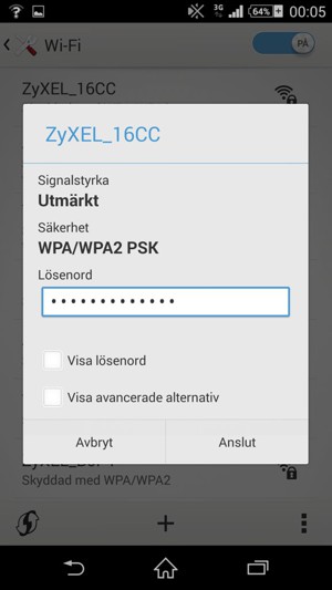 Ange lösenord till Wi-Fi och välj Anslut