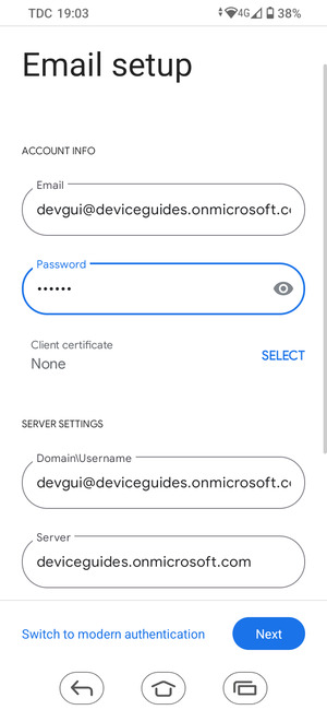 Enter Username and Exchange server address. Select Next