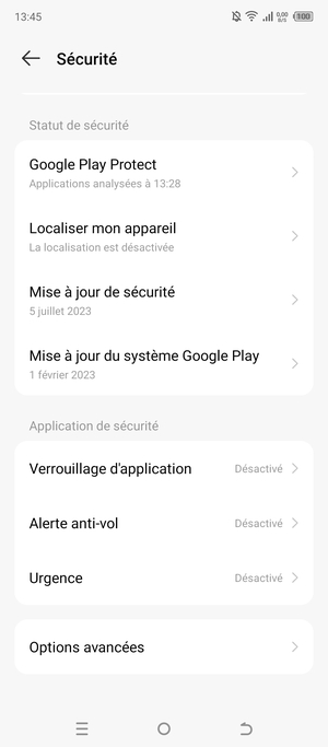 Pour modifier le code PIN de la carte SIM, allez dans le menu Sécurité et sélectionnez Options avancées