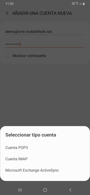 Seleccione Cuenta POP3 o Cuenta IMAP