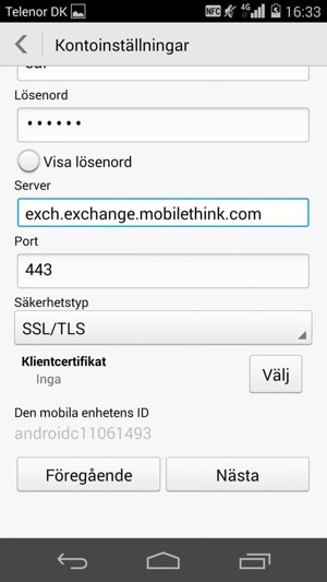 Scrolla ner och ange Exchange-serveradress. Välj Nästa