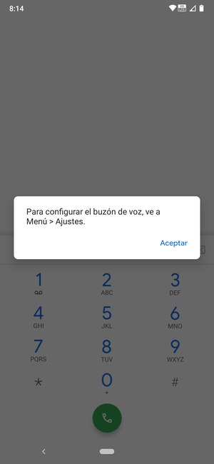 Si el correo de voz no está configurado, seleccione Aceptar