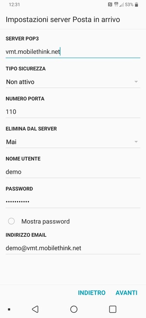 Inserisci l'indirizzo del server Posta in arrivo e Nome utente. Seleziona AVANTI