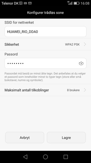 Skriv inn et Wi-Fi hotspot-passord på minst 8 tegn og velg Lagre