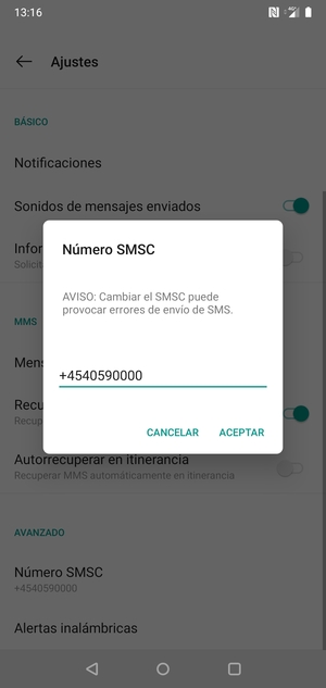 Introduzca el Numéro SMSC y seleccione ACEPTAR
