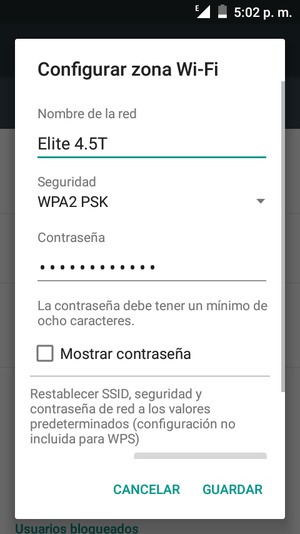 Introduzca una contraseña de punto de acceso Wi-Fi de al menos 8 caracteres y seleccione GUARDAR