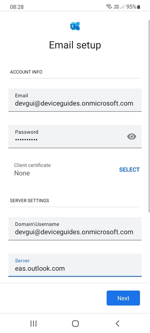 Enter Username and Exchange server address. Select Next