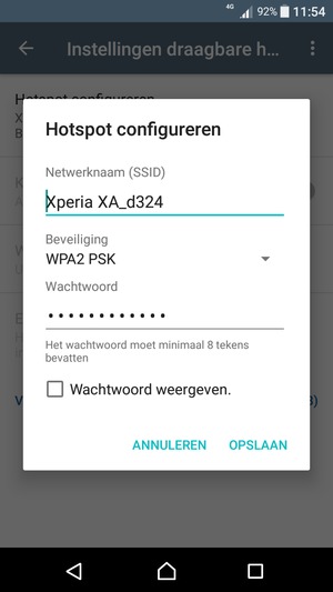 Voer een wachtwoord van een WiFi-hotspot in van ten minste 8 tekens en selecteer OPSLAAN
