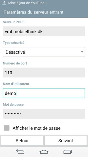 Sélectionnez l'adresse du serveur Entrant et le Nom d'utilisateur. Sélectionnez Suivant