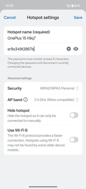 Enter a Wi-Fi hotspot password of at least 8 characters and select Save