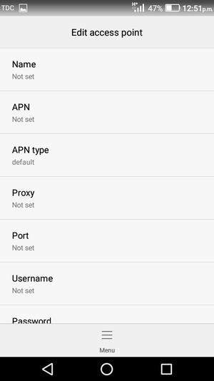 Enter Internet information and select APN type