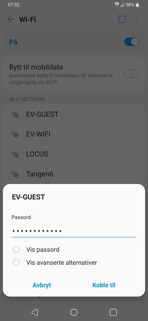 Skriv inn Wi-Fi-passord og velg Koble til