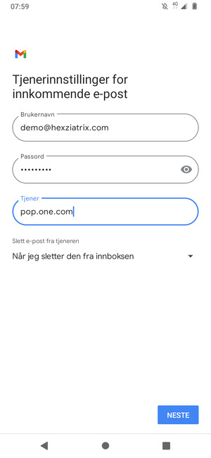 Skriv inn Brukernavn og innkommende serveradresse. Velg NESTE