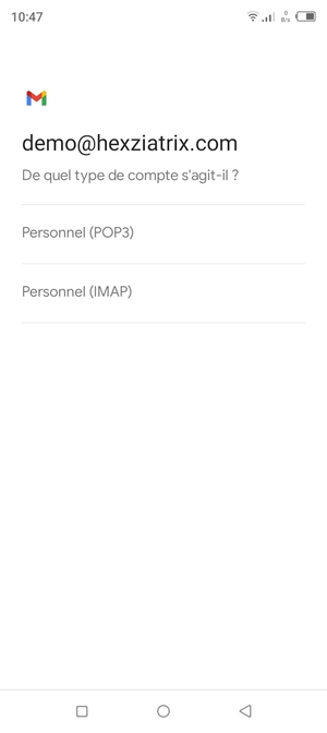 Sélectionnez Personnel (POP3) ou Personnel (IMAP)