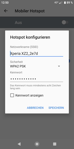 Geben Sie eine WLAN-Hotspot-Passwort mit mindestens 8 Zeichen ein und wählen Sie SPEICHERN