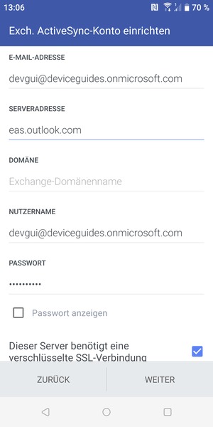Geben Sie Benutzername und Exchange Server-Adresse ein. Wählen Sie WEITER