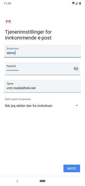 Skriv inn Brukernavn og innkommende serveradresse. Velg NESTE