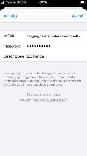 Inserisci informazioni email di Exchange e seleziona Avanti
