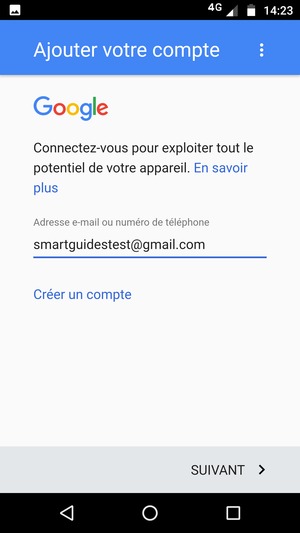 Saisissez votre adresse Gmail et sélectionnez SUIVANT