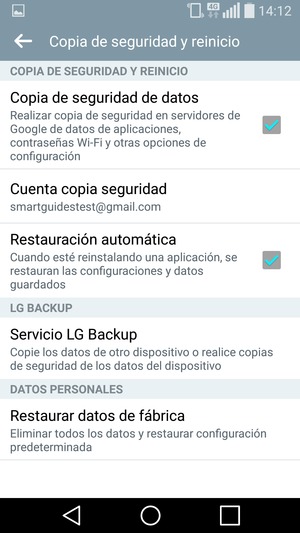 Seleccione Cuenta copia seguridad