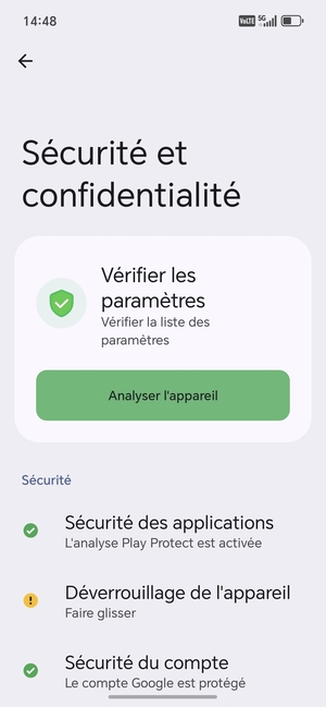 Pour activer votre écran de verrouillage, allez dans le menu Sécurité et confidentialité et sélectionnez Déverrouillage de l'appareil