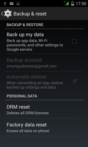 Check the Back up my data checkbox