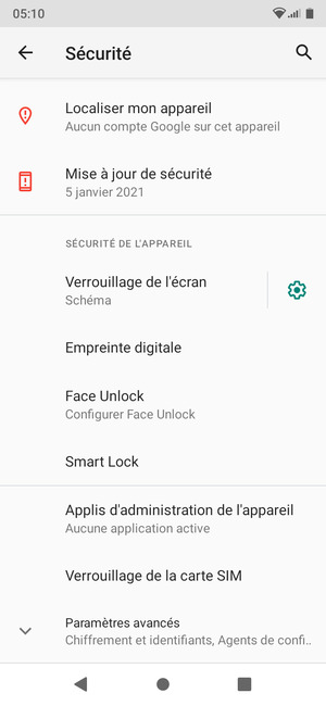 Pour modifier le code PIN de la carte SIM, faites défiler et sélectionnez Verrouillage de la carte SIM