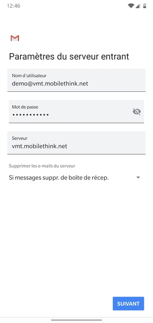 Saisissez votre Nom d'utilisateur et l'adresse du serveur entrant. Sélectionnez SUIVANT