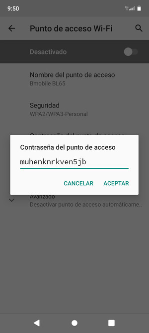 Introduzca una contraseña de punto de acceso Wi-Fi de al menos 8 caracteres y seleccione ACEPTAR