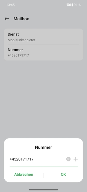 Geben Sie die Mailboxnummer ein und wählen Sie OK