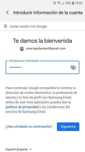Introduzca su contraseña de Gmail y seleccione Siguiente