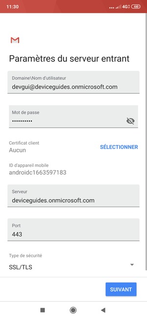 Saisissez Nom d'utilisateur et l'adresse du serveur Exchange. Sélectionnez SUIVANT