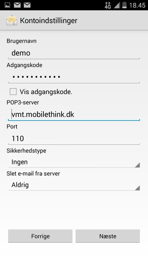Indtast Brugernavn og indgående serveradresse. Vælg Næste