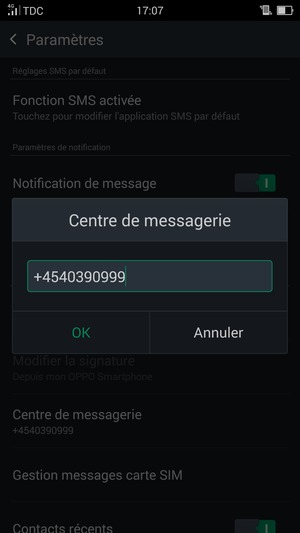 Saisissez le numéro du Centre de messagerie et sélectionnez OK