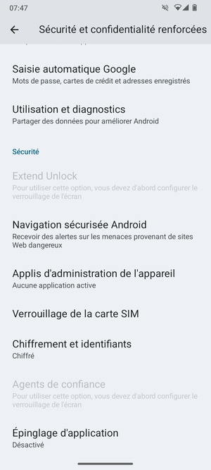 Faites défiler et sélectionnez Verrouillage de carte SIM
