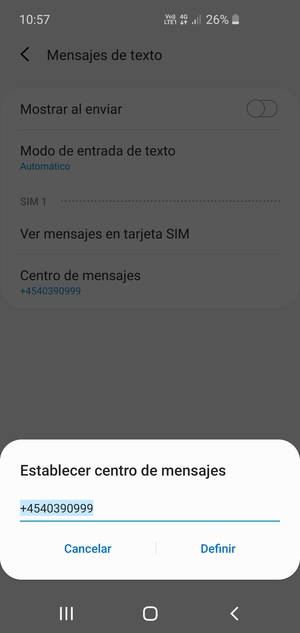 Introduzca el número de Centro de mensajes y seleccione Definir