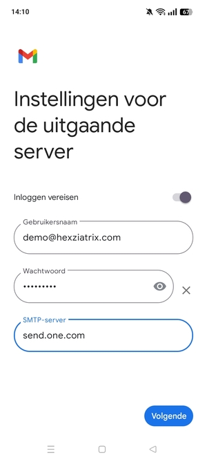 Voer Uitgaand serveradres in en selecteer Volgende