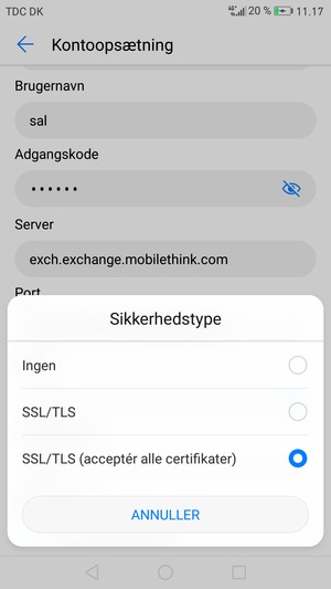 Vælg SSL/TLS (acceptér alle certifikater)